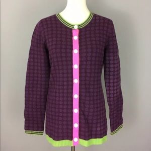 Neve Cardigan Sweater Sz M Purple Polka Dot Green Pink Knit Tunic Buttons Artsy